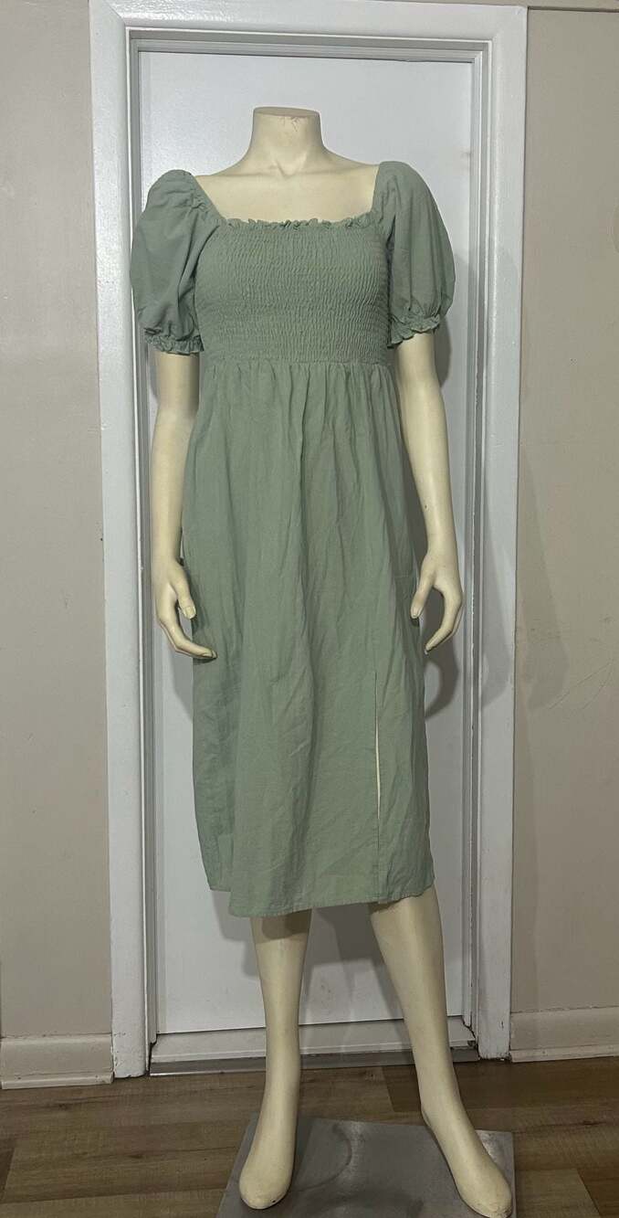 Women Square Neck Off the Shoulder Cotton Smocked Midi Dress with slit